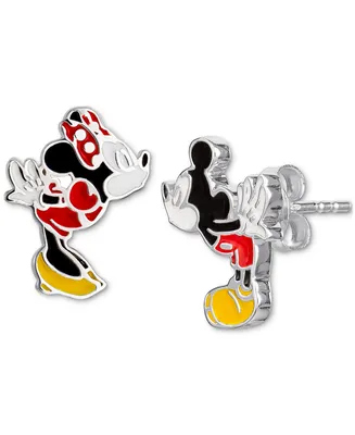 Disney Children's Mickey & Minnie Mouse Mismatched Stud Earrings in Sterling Silver and Enamel
