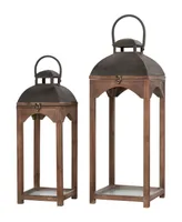 Glitzhome Set of 2 Whiskey Brown Farmhouse Modern Wood/Metal Lanterns