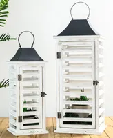 Glitzhome Set of 2 Wash White Farmhouse Wooden Shutter Lanterns