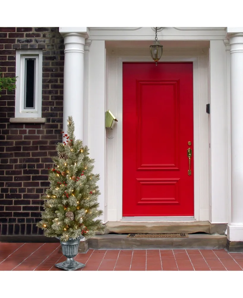 National Tree Company 4' Feel Real Snowy Bristle Berry Entrance Tree in Silver Brushed Urn with Red Berries, Mixed Cones & 100 Clear Lights