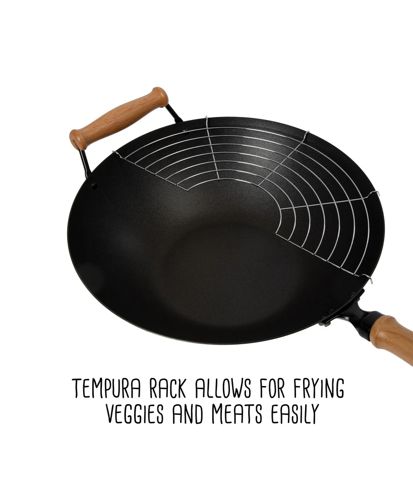 Joyce Chen Professional Series 14" Carbon Steel Nonstick Wok Set with Lid and Maple Handles, 10 Pieces
