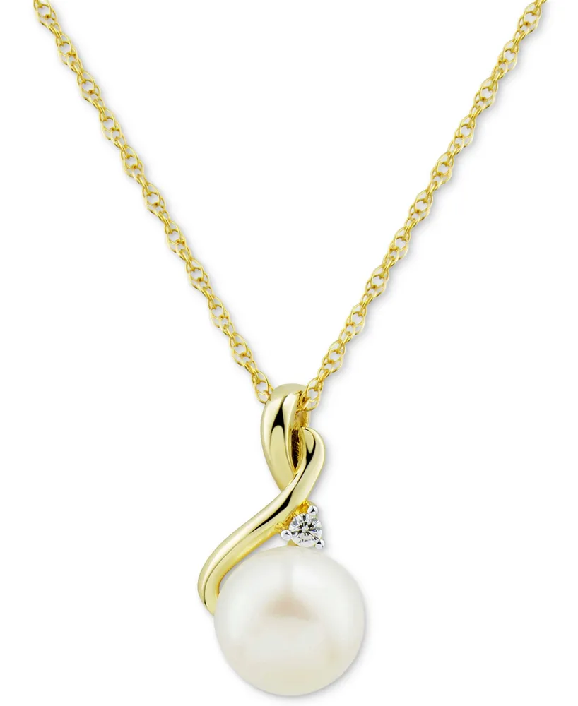 Cultured Freshwater Pearl (8mm) & Diamond (1/10 ct. t.w.) 18" Pendant Necklace in 10k Gold