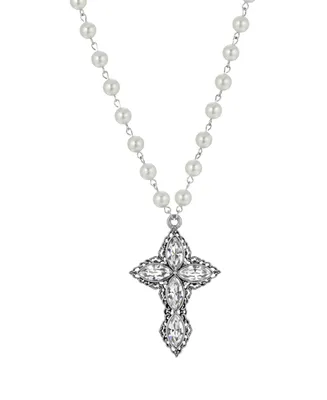 2028 Women's Pewter Clear Crystal Diamon Shaped Stones Cross Imitation Pearl Necklace
