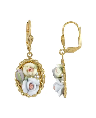 2028 Women's Gold Tone Blue and Ivory Porcelain Flower Drop Earrings
