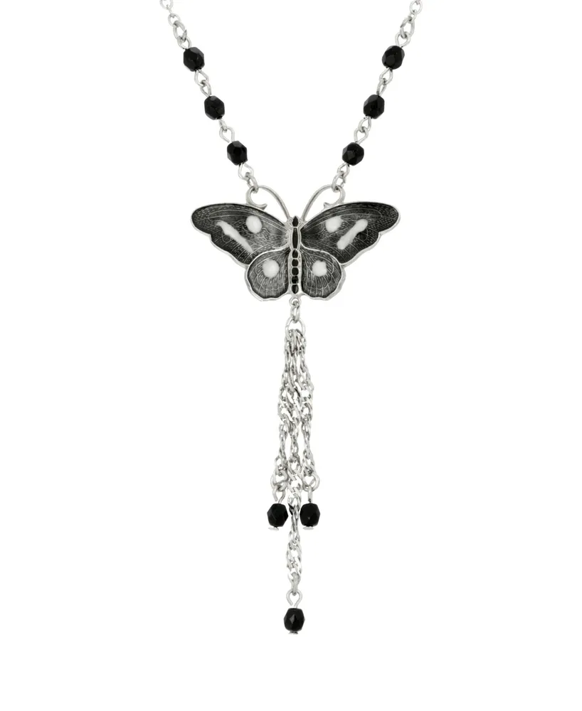 2028 Women's Silver Tone Black White Enamel Black Beads Butterfly Necklace