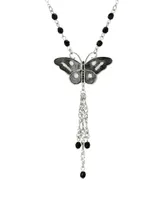 2028 Women's Silver Tone Black White Enamel Black Beads Butterfly Necklace