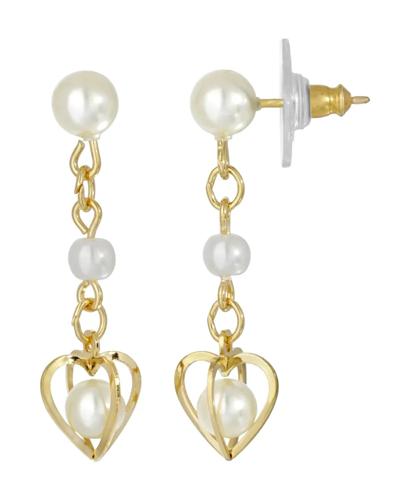 2028 Women's 14K Gold-tone Double Imitation Pearl Drop Heart Earring