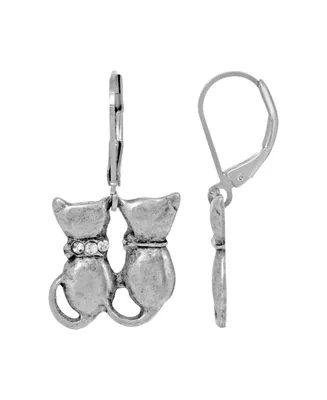 2028 Women's Silver Tone Crystal Double Cat Wire Earrings