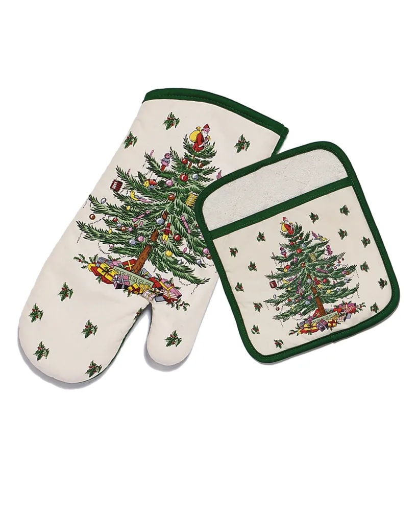 Spode Christams Tree Ivory/Green Pot Holder Ovenmit Set