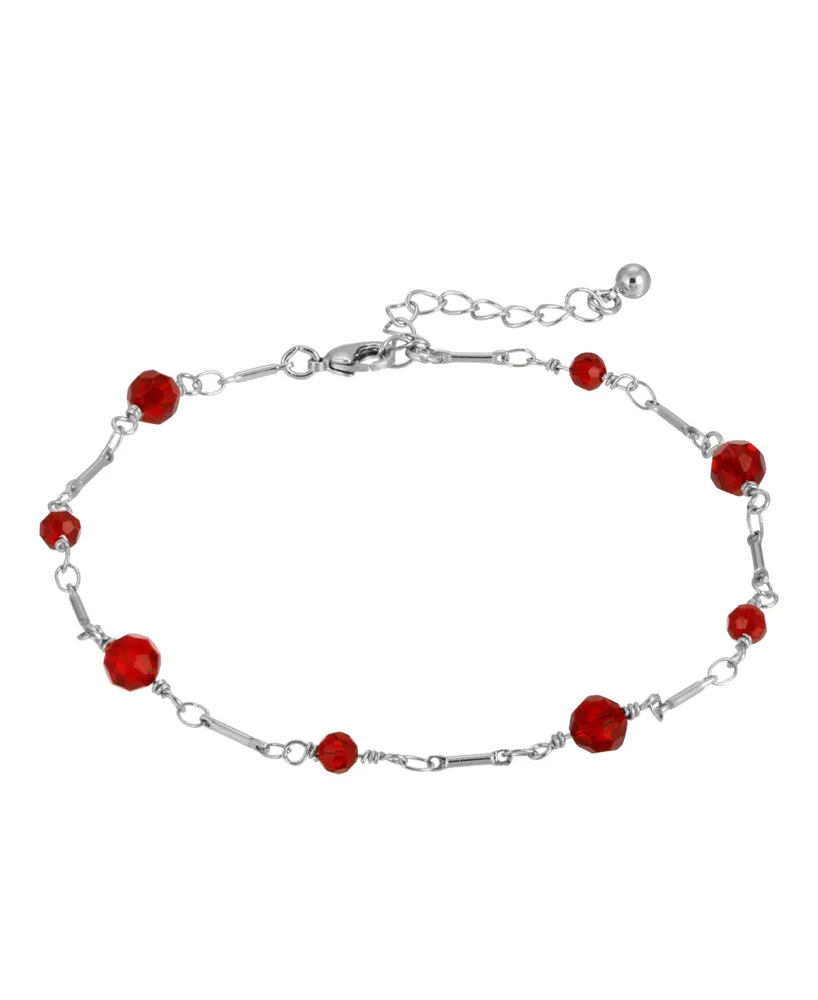 Women's Silver-Tone Red Beaded Chain Anklet