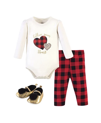 Little Treasure Baby Girls Treasure Cotton Bodysuit, Pant and Shoe 3pc Set, Buffalo Plaid Heart, 12-18 Months