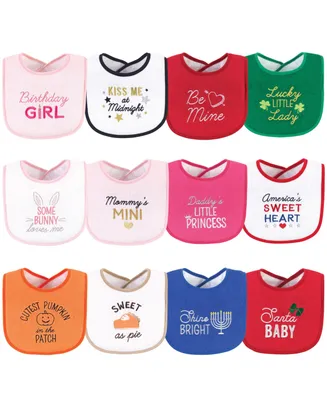 Hudson Baby Infant Girl Cotton Terry Drooler Bibs with Fiber Filling 12pk, Cute Girl Holiday Sayings, One Size