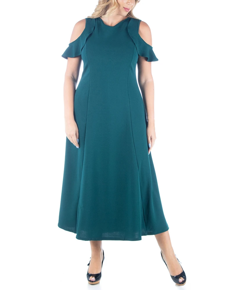 24seven Comfort Apparel Plus Ruffle Cold Shoulder A Line Maxi Dress