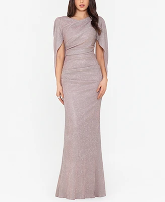 Betsy & Adam Glitter Drape-Back Cape Gown