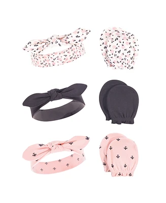 Hudson Baby Girls Cotton Headband and Scratch Mitten 6pc Set, Pink Gray Floral, 0-6 Months