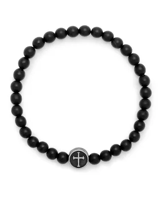 Men's Black Agate Cross Bead Bracelet