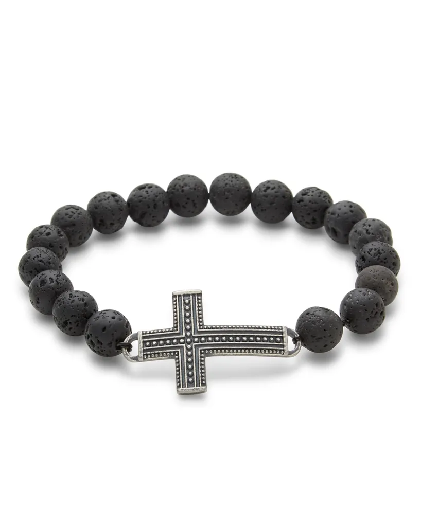 Men's Lava Rock Antiqued Cross Bead Bracelet