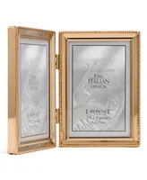 Polished Metal Hinged Double Picture Frame - Bead Border Design, 3.5" x 5" - Gold