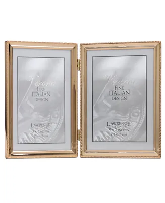 Polished Metal Hinged Double Picture Frame - Bead Border Design, 5" x 7" - Gold