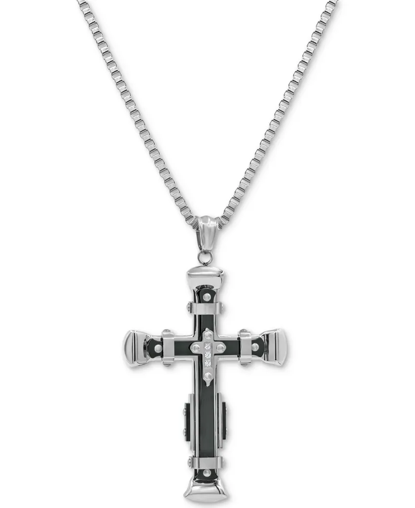 Men's Cubic Zirconia Two-Tone Cross 24" Pendant Necklace in Stainless Steel & Black Ion-Plate - Two