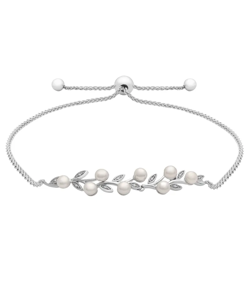 Cultured Freshwater Pearl (4mm) and Diamond (1/20 ct. t.w.) Bolo Bracelet in Sterling Silver