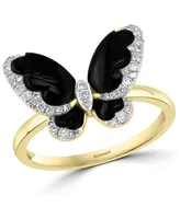 Effy Diamond (1/5 ct. t.w.) & Onyx (3-1/2-4-1/2) Butterfly Statement Ring In 14k Gold