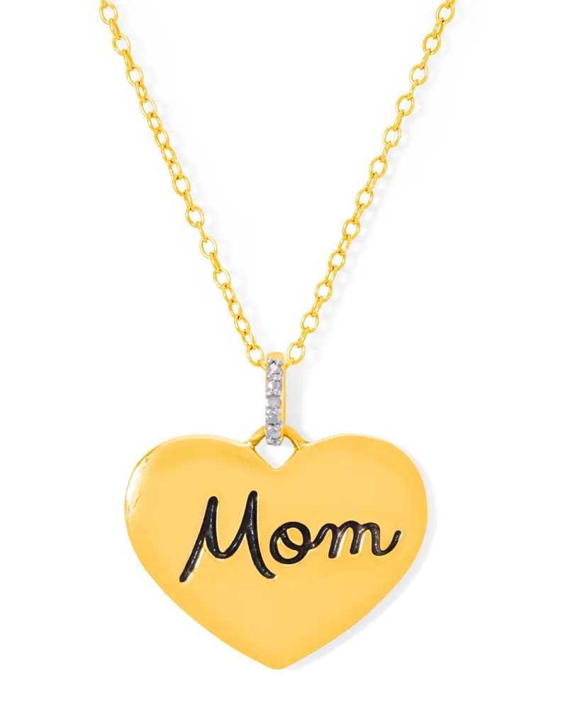 Diamond Accent Black Script Engraved Mom Heart Pendant 18" Necklace in 14k Gold Plate