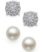 2-Pc. Set Cultured Freshwater Pearl (7mm) & Cubic Zirconia Stud Earrings in Sterling Silver