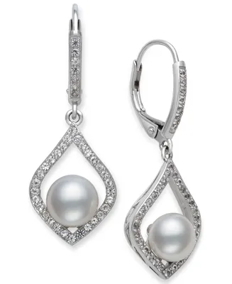 Cultured Freshwater Pearl (7mm) & Cubic Zirconia Drop Earrings in Sterling Silver