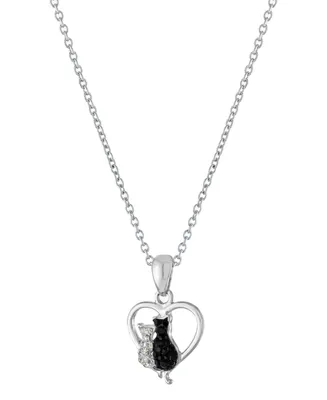 Crystal Two Cat in Heart Pendant 16+2" Extender Chain In Silver Plated