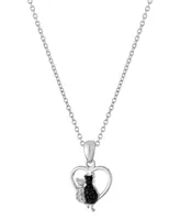 Crystal Two Cat in Heart Pendant 16+2" Extender Chain In Silver Plated