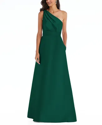 Alfred Sung Women's Draped One-Shoulder Satin Maxi Dress with Pockets