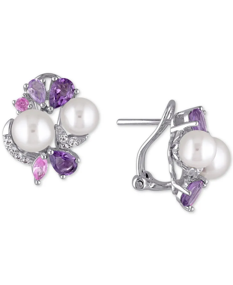 Cultured Freshwater Pearl (6-1/2 & 7-1/2mm) & Multi-Gemstone (2-3/4 ct. t.w.) Cluster Stud Earrings in Sterling Silver