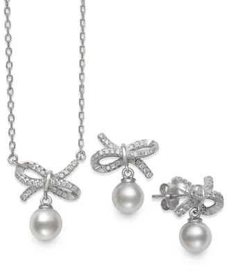 Belle de Mer 2-Pc. Set Cultured Freshwater Pearl (6mm) & Cubic Zirconia Ribbon Pendant Necklace & Matching Drop Earrings in Sterling Silver