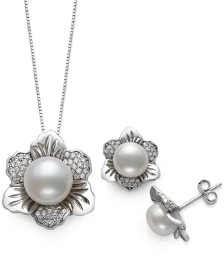 Belle de Mer 2-Pc. Set Cultured Freshwater Pearl (7 & 10mm) & Cubic Zirconia Flower Pendant Necklace & Matching Stud Earrings in Sterling Silver