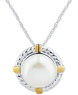 Cultured Freshwater Pearl (9mm) Rope-Framed 18" Pendant Necklace in Sterling Silver and 10k Gold