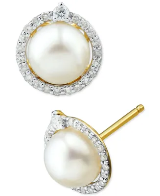 Honora Cultured Freshwater Pearl (6mm) & Diamond (1/6 ct. t.w.) Halo Stud Earrings 14k White Gold