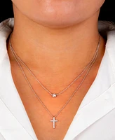 Double Layered 16" + 2" Cubic Zirconia Solitaire and Cross Chain Necklace in Sterling Silver