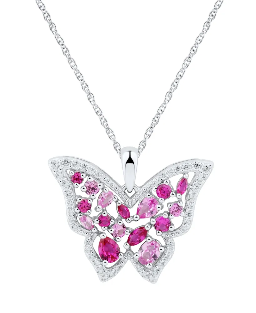 Multi-Gemstone (1-1/6 ct. t.w.) & Cubic Zirconia Butterfly 18" Pendant Necklace in Sterling Silver