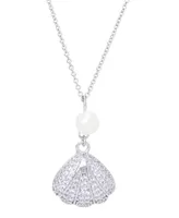 Genuine Freshwater Pearl Cubic Zirconia Seashell Pendant 18" Necklace in Silver Plate