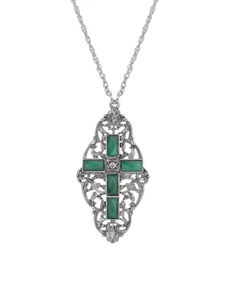 Pewter Green Stone Cross Necklace