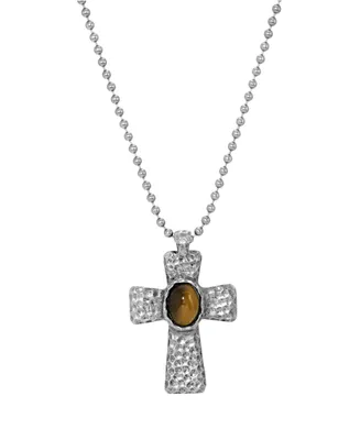Men's Silver-Tone Tiger Eye Hammered Metal Cross Necklace