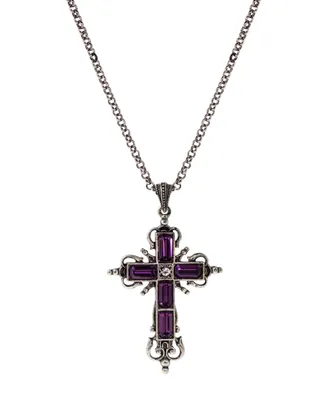 Silver-Tone Purple Crystal Cross Necklace