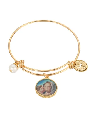 14K Gold Dipped Cross Mary and Child Charm Bangle Bracelet