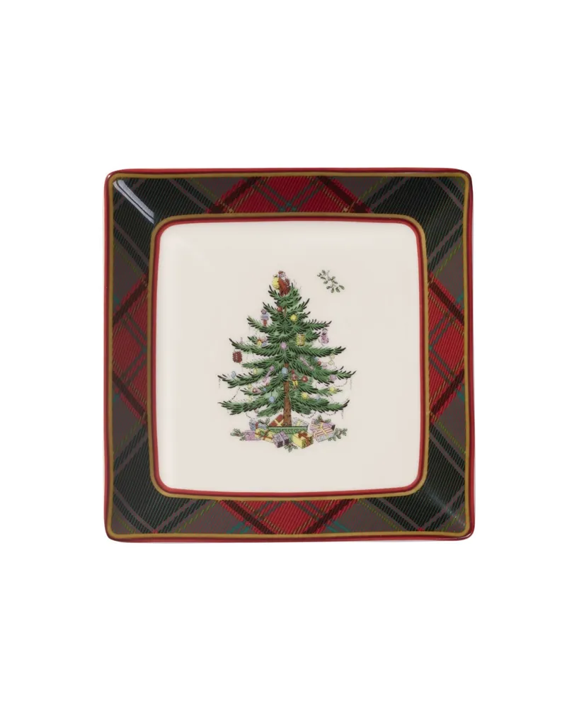 Spode Christmas Tree Tartan Square Tidbit Plates, Set of 4