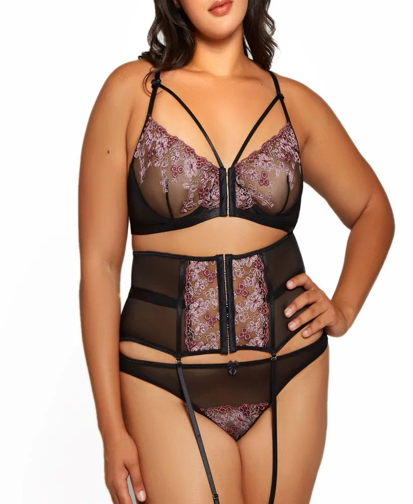 Icollection Plus Rosemary Lace And Mesh Bralette, Waist Cincher Panty 3pc  Lingerie Set - Fuchsia | Hawthorn Mall