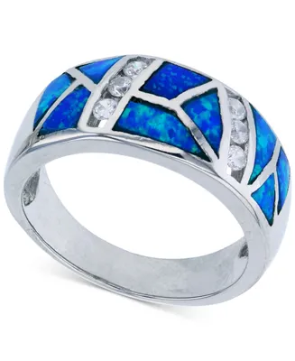 Lab-Grown Blue Opal & Cubic Zirconia Mosaic Ring Sterling Silver