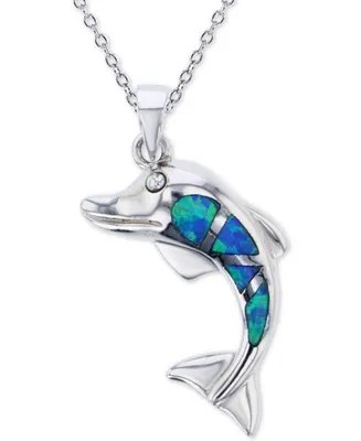 Lab-Created Blue Opal Dolphin 18" Pendant Necklace in Sterling Silver