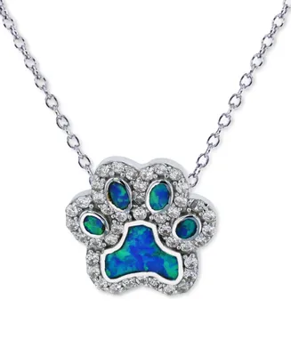 Lab-Grown Blue Opal & Cubic Zirconia Paw 18" Pendant Necklace in Sterling Silver