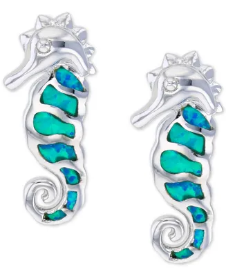 Lab-Grown Blue Opal Seahorse Stud Earrings in Sterling Silver